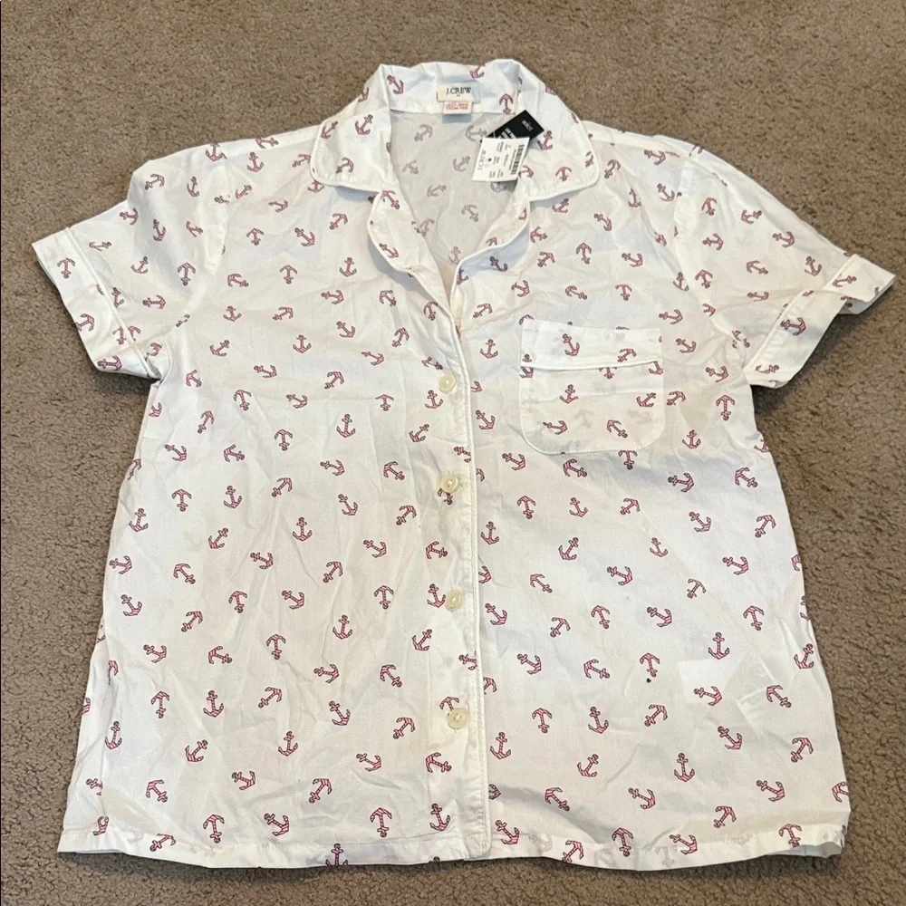 J. Crew White Pajama Top with Pink Anchor Design